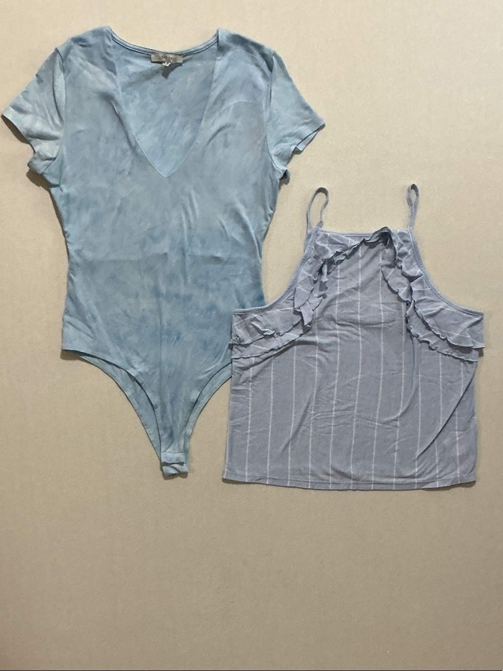 American Eagle Outfitters Light Blue V-Neck Bodysuit & Striped Ruffle Cami
